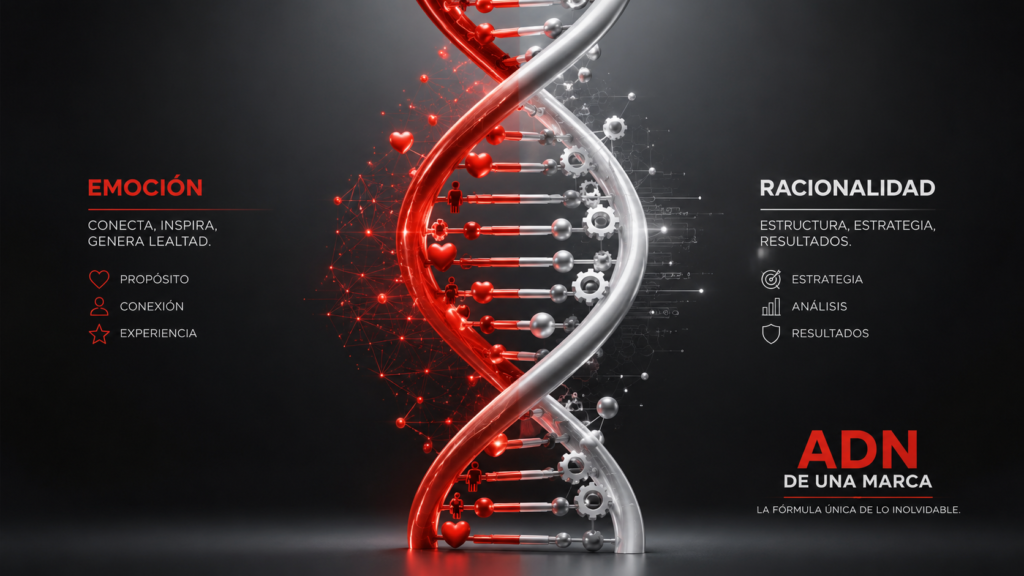Infografía de la Matriz del ADN de una marca, mostrando el equilibrio estratégico entre el hemisferio racional, enfocado en los beneficios objetivos del producto, y la dimensión emocional, enfocada en los sentimientos y percepciones del consumidor .